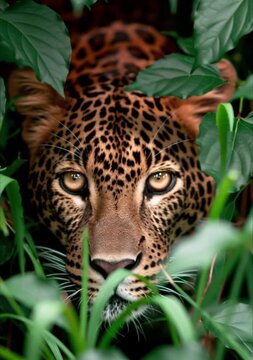 Wild leopard hiding in dense green jungle foliage watching intently in this high quality wildlife motion video clip