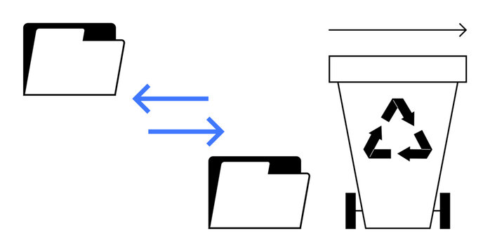 Data management, file transfer, cloud storage, digital cleanup, document organization, environmental awareness. Two folder icons with arrows and recycling bin. File transfer and digital cleanup