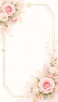 水彩画風のバラと金のフレームの背景（縦長）、エレガントな花の招待状テンプレート