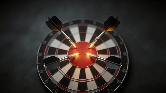 Darts hitting bullseye on dartboard