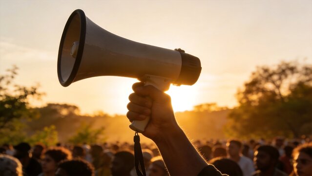 Hand holding megaphone at sunset rally
