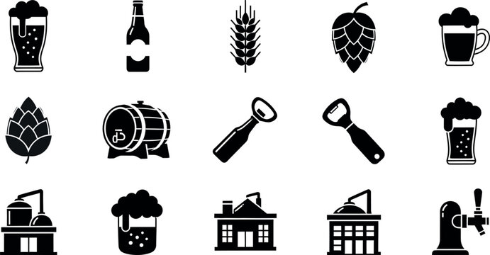 Brewery silhouette icons a collection of black glyphs representing beer brewing and pub elements