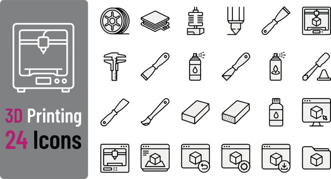 3D printing line icon set. Vector pictograms of 3D printer, filament spool, extruder nozzle, calipers, spatula, spray, software interface, resin bottle, additive manufacturing tool illustrat