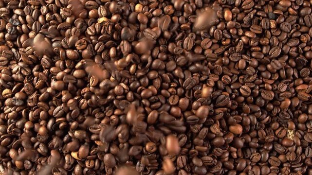 Freshly roasted coffee beans falling in motion over dark coffee background for dynamic texture design concept organic caffeine energy drink advertising ingredient