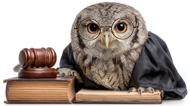 Wise owl judge wearing a robe and glasses, sitting with a gavel and law books, legal system