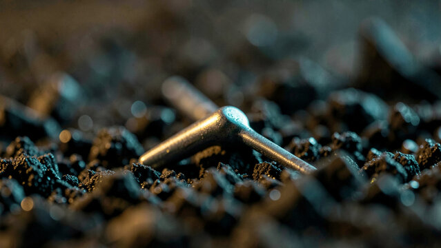Macro detail of sharp metal tack on dark gritty soil texture