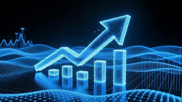 Glowing blue upward arrow and bar chart formed by digital particles over data waves on a dark background, representing financial growth and investment success.