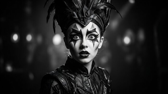 Striking Black and White Portrait of a Performer with Dramatic Makeup and Headdress.
