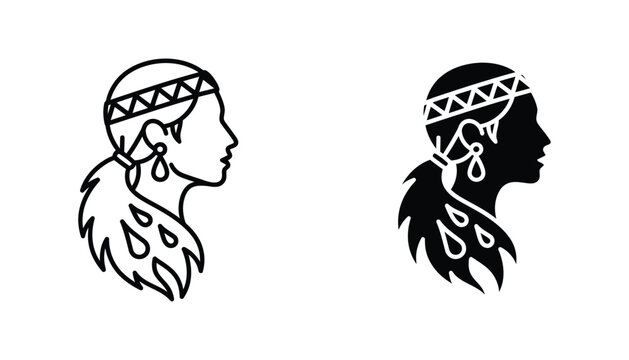 Native American woman in side profile with traditional headband and feathers in artistic minimalist vector graphic style for cultural storytelling