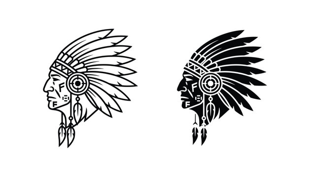 Chief profile silhouette wearing grand war bonnet with symbolic details in bold vector graphic style for powerful branding and corporate identity