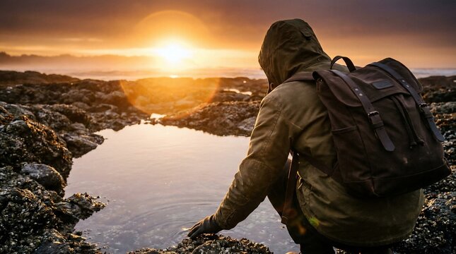 Man with backpack exploring tide pools at sunset on a rocky coast.