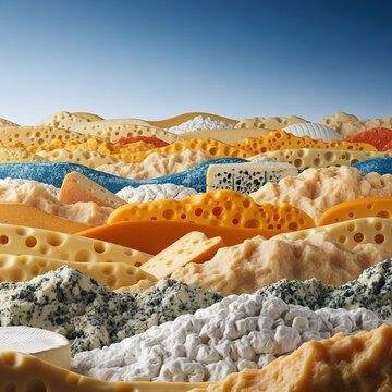 A vibrant and diverse collection of various cheeses a culinary landscape.
