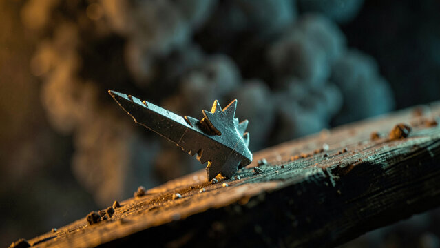 Sharp metal spike on rustic weathered wood dramatic texture background