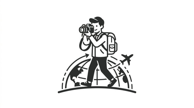 Traveler dad taking photo with camera and backpack on globe background with airplane