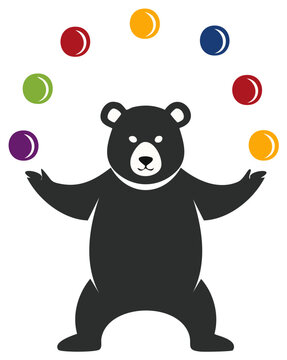 Cartoon bear juggling colorful balls with paws raised in playful motion
