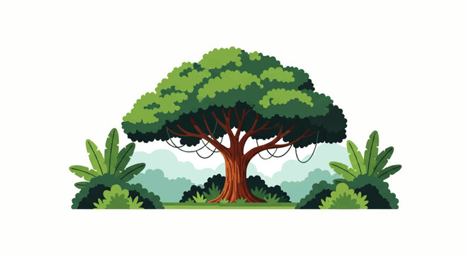 Vector flat design illustration of a lush green jungle tree with hanging vines and surrounding foliage