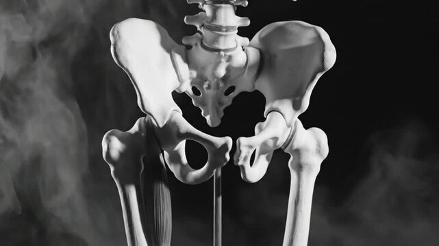 Anatomical skeletal hip bone model, pelvis, and femur in stark black and white with ambient smoke effects.