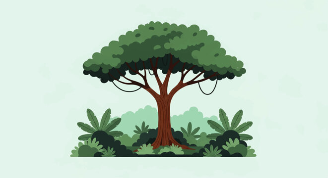 Vector flat design illustration of a lush green tree with hanging vines surrounded by tropical plants and foliage