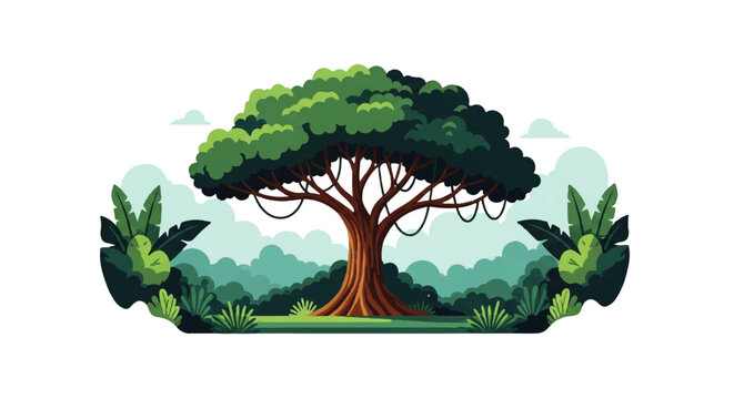 Vector flat design illustration of a large lush green tree with hanging vines in a vibrant jungle landscape with misty