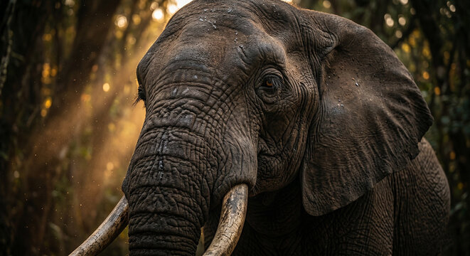 Powerful close-up portrait of an African Elephant with long tusks standing in a dark jungle with golden sunlight