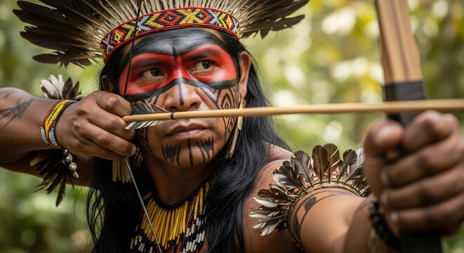 Indigenous Amazonian man with traditional face paint and feather headdress aiming bow and arrow.
