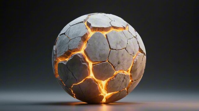 Cracked stone sphere repairing itself with glowing energy seams. Abstract 3D render showing cracks closing slowly as dramatic lighting shifts to calm, symbolizing restoration and healing.