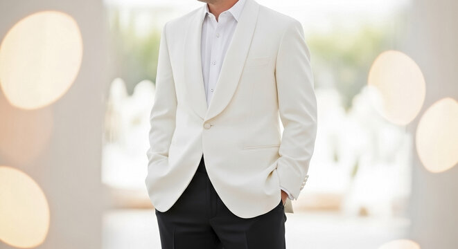 Groom in a white jacket, black trousers and white shirt stands confidently, hands in pockets. This stylish groom white jacket attire suits a formal wedding or elegant event.