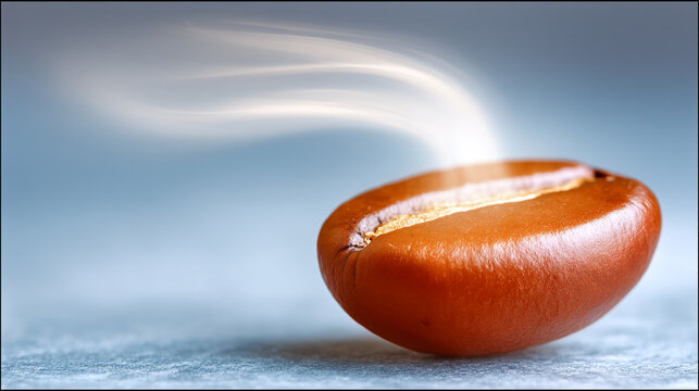 Single roasted coffee bean emitting wisps of steam a soft blurred blue background with wake