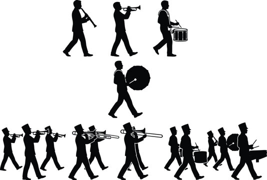 Marching Band Silhouettes Set &ndash; Parade Musicians, Drumline & Brass Instrument Vector Collection