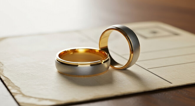 Elegant wedding bands gleam in gold and silver on vintage postcard. Wedding bands symbolize love, commitment, and enduring partnership. Concept wedding bands for romantic events.