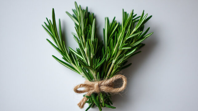 Bundle of fresh rosemary sprigs tied together with natural twine culinary herb aromatic herb