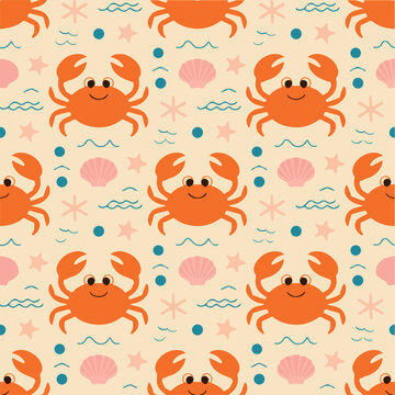 Seamless pattern with cute orange crabs and seashells on sandy background. Adorable nautical sea life pattern for kids nursery and baby textiles. Vector cartoon ocean animal pattern with shells. 