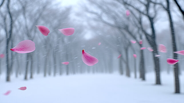 Pink cherry blossom petals falling in a snowy winter alley with winter wonderland, contrast