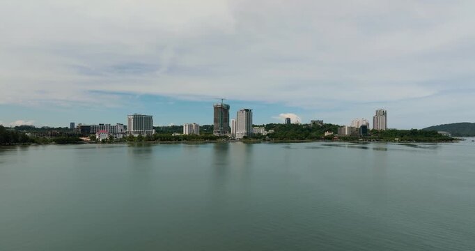 City of Kota Kinabalu from the sea view from above. Borneo, Sabah, Malaysia.