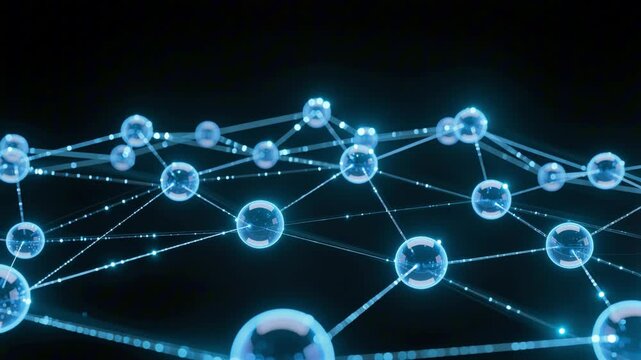 Floating blue network nodes connected by thin glowing threads pulsing with data flow on a dark 3D tech background.