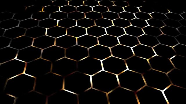 high angle view and close-up of a spreading golden illuminated hexagon pattern isolated on black background, motion design template texture overlay