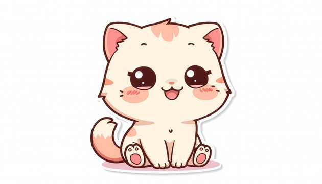 Cute Kawaii Cat Kitten Sitting Happy Smiling Pastel Pink White Background Cartoon Illustration