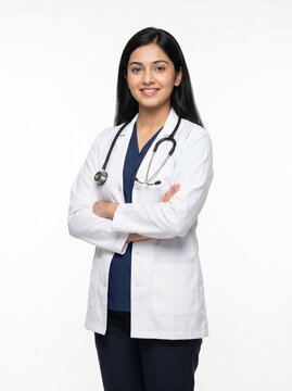 young indian female mbbs student in doctor coat with stethoscope isolated on white background representing medical education and healthcare career concept