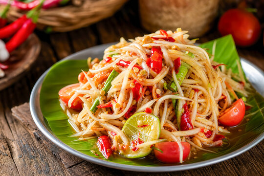 Spicy papaya salad served in a bowl with fresh ingredients at a restaurant in Thailand during lunchtime