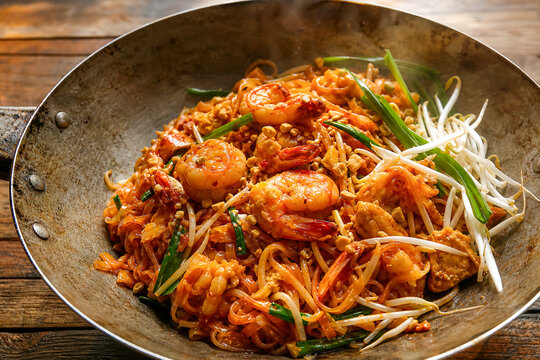 Shrimp stir fry with noodles, vegetables, and flavors cooked in a wok in a kitchen