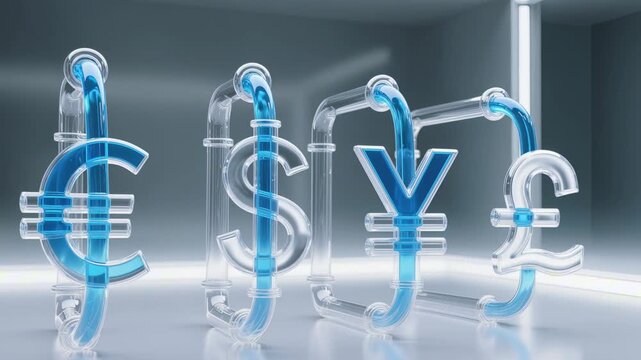 Liquid flowing smoothly through transparent pipes shaped like Euro, Dollar, Yen, and Pound currency symbols. Clean 3D tech lighting representing stable cash flow and global finance.