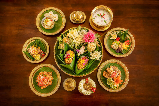 Colorful traditional food arrangement with flower decorations and clock on a wooden table during a festive occasion