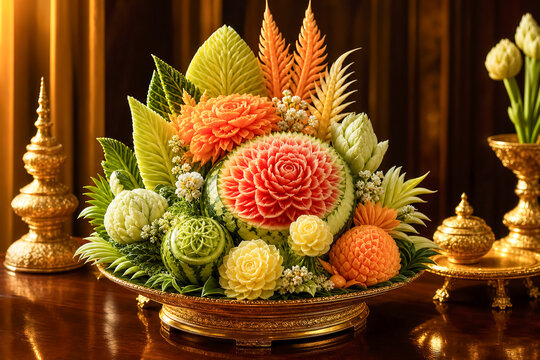 Fruit carving display shows detailed designs made from various fruits set on a table in a decorated room during a festive occasion
