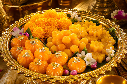 Bright sweets on a golden tray with flowers at a festive gathering in a vibrant setting during a cultural celebration