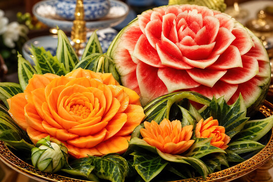 Beautiful fruit carvings in a decorative display at a local festival in Thailand showing different flowers made from fruit