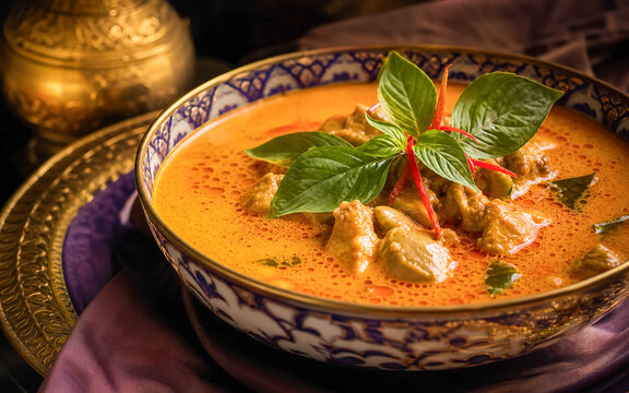 Delicious bowl of red curry with meat and herbs served in a traditional bowl on a table