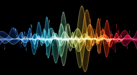 Abstract colorful audio sound waves frequency visualization featuring glowing neon spectral peaks...
