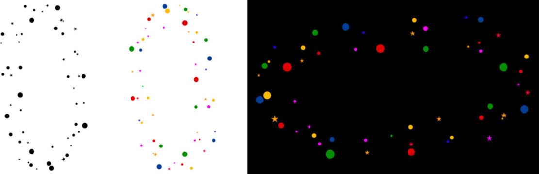 Multi colored circle and star frame, festive confetti border, geometric shapes set