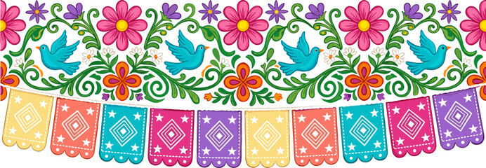 Naklejka premium Colorful Floral and Bird Design with Bunting Flags for Festive Celebrations