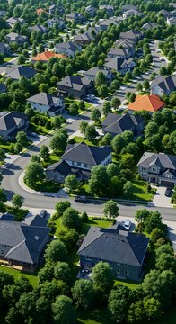 aerial drone footage of peaceful suburban neighborhood in lush green summer landscape